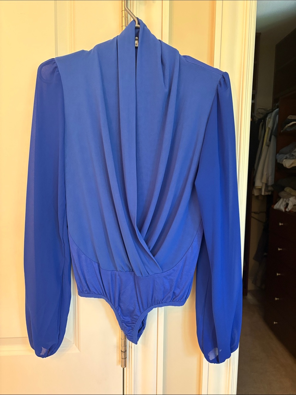 Long Sleeve Draped V-Neck Bodysuit in Royal Blue